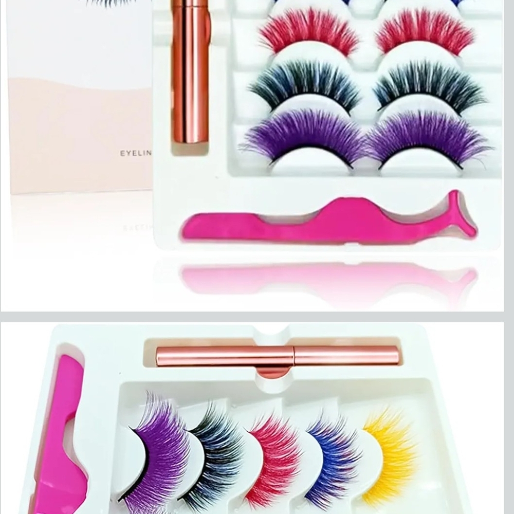 Magnetic False Eyelash Kit with Pink Tweezer - Colorful Lashes Set
